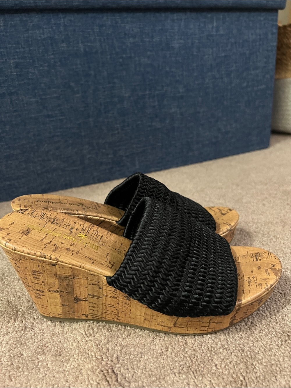 Montego Bay Club Black textured stretch straps cork wedge sandals